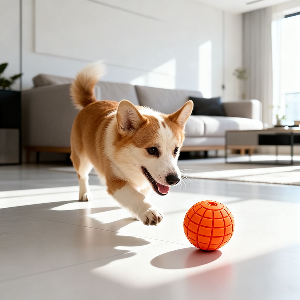 Dog actively playing with an interactive dog ball