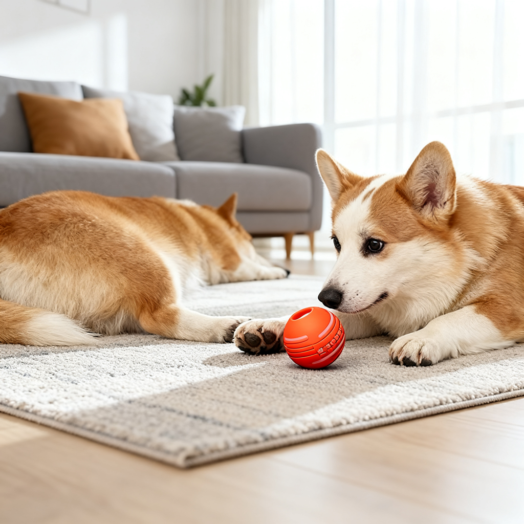 Dog staying busy with a dog ball during indoor play