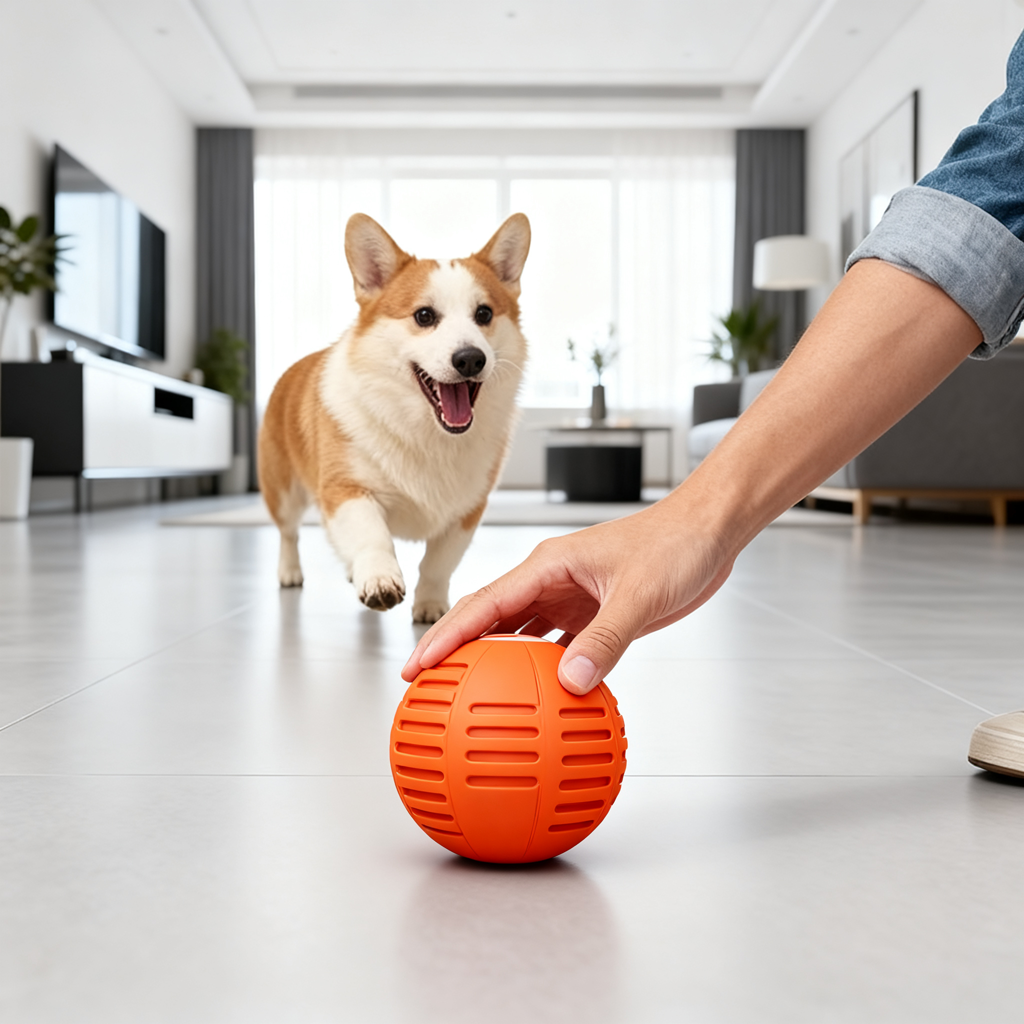 Owner setting down an interactive dog ball for supervised play