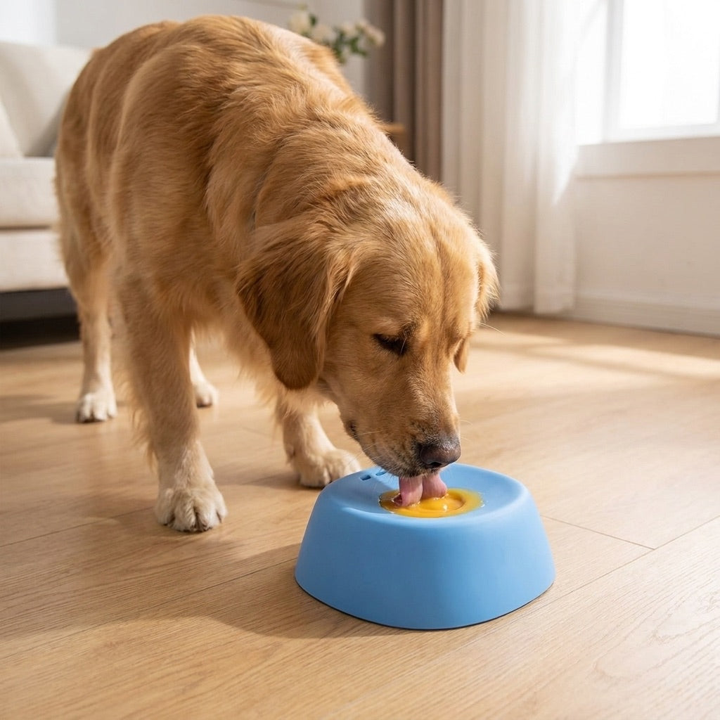 Dog using lick bowl at home