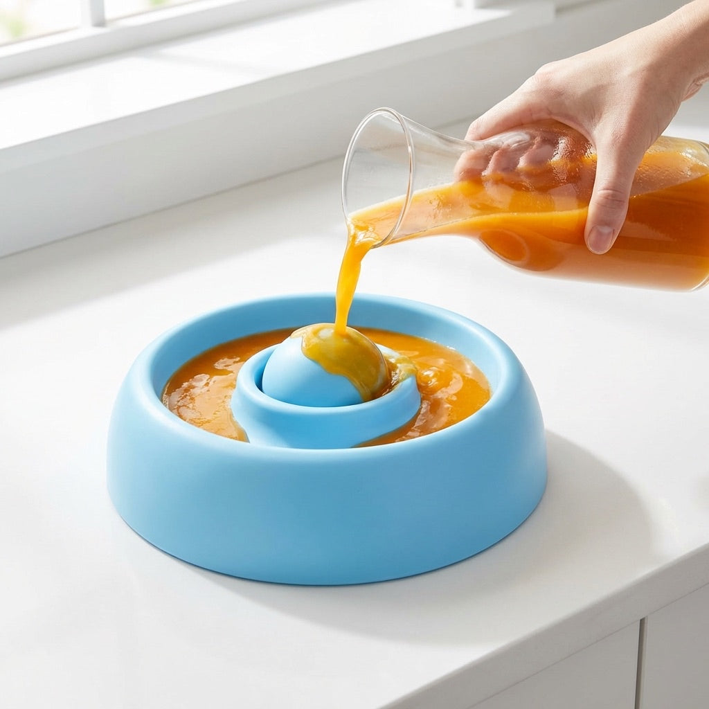 Spreading a soft treat into the lick bowl